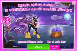 Size: 1965x1300 | Tagged: safe, derpibooru import, idw, official, nightmare rarity, pony, unicorn, advertisement, armor, costs real money, english, female, gameloft, helmet, horn, idw showified, image, jpeg, magic coins, mare, mobile game, my little pony: magic princess, numbers, sale, solo, solo focus, text