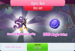 Size: 1267x860 | Tagged: safe, derpibooru import, idw, official, nightmare rarity, pony, unicorn, armor, bundle, costs real money, english, female, gameloft, helmet, horn, idw showified, image, jpeg, magic coins, mare, mobile game, my little pony: magic princess, numbers, sale, solo, solo focus, text