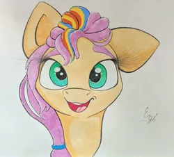 Size: 1825x1653 | Tagged: safe, artist:engi, derpibooru import, sunny starscout, earth pony, pony, g5, cute, floppy ears, happy, image, jpeg, looking at you, open mouth, simple background, traditional art, watercolor painting