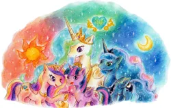 Size: 2383x1504 | Tagged: safe, artist:yuzumiso, derpibooru import, princess cadance, princess celestia, princess luna, twilight sparkle, twilight sparkle (alicorn), alicorn, pony, twilight's kingdom, alicorn tetrarchy, female, image, jpeg, mare, royal sisters, siblings, sisters, sisters-in-law, traditional art, watercolor painting