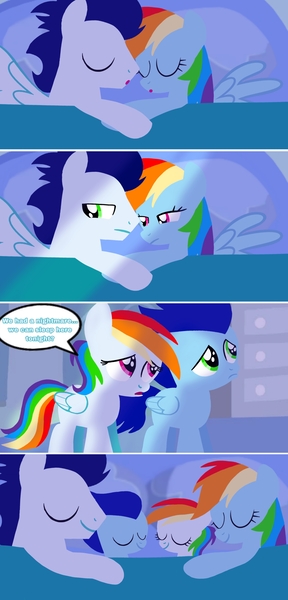 Size: 2400x4996 | Tagged: safe, artist:mlplary6, derpibooru import, rainbow dash, soarin', oc, oc:blue skies, oc:speedy dash, pegasus, pony, bed, colt, comic, family, female, filly, foal, hug, husband and wife, image, jpeg, lying down, male, mare, offspring, parent:rainbow dash, parent:soarin', parents:soarindash, room, shipping, siblings, sleeping, smiling, soarindash, stallion, straight, twins