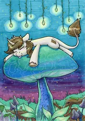 Size: 1471x2076 | Tagged: safe, artist:dandy, derpibooru import, oc, oc:door, unofficial characters only, original species, art trade, bioluminescent, copic, curved horn, eyes closed, forest, giant mushroom, horn, image, kirin pony hybrid, leaves, lying down, mushroom, png, prone, sleeping, solo, sploot, tongue out, traditional art, tree, unshorn fetlocks