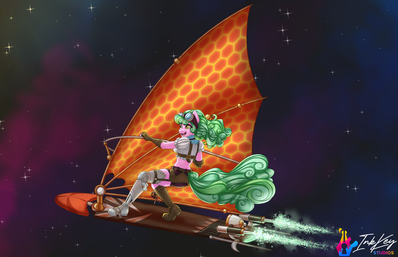 Size: 1224x792 | Tagged: safe, artist:inkkeystudios, derpibooru import, oc, unofficial characters only, anthro, plantigrade anthro, commission, female, image, png, solar surfer, solo, surfing, treasure planet