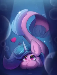 Size: 1750x2300 | Tagged: safe, artist:miryelis, derpibooru import, izzy moonbow, mermaid, merpony, pony, seapony (g4), unicorn, g5, my little pony: a new generation, :3, big ears, big eyes, blue mane, blue tail, bubble, crepuscular rays, cute, digital art, eyelashes, female, fish tail, floating heart, flowing mane, heart, high res, horn, image, izzybetes, long hair, looking at you, mermaidized, ocean, pink eyes, png, purple eyes, redraw, seaponified, seapony izzy moonbow, signature, smiling, smiling at you, solo, species swap, sunlight, tail, underwater, water