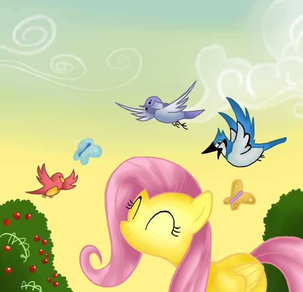 Size: 800x772 | Tagged: safe, artist:ricky125, derpibooru import, fluttershy, bird, blue jay, butterfly, insect, pegasus, pony, ^^, eyes closed, female, image, mare, png, smiling, solo, standing