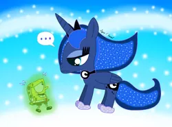 Size: 2308x1707 | Tagged: safe, artist:harmonybunny2023, derpibooru import, princess luna, alicorn, pony, crossover, disappointed, disappointment, dots, dream, dream walker luna, image, lidded eyes, nickelodeon, png, speech bubble, speechless, spongebob squarepants, spongebob squarepants (character), sweat, sweatdrops, unexpected