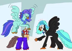 Size: 3020x2108 | Tagged: safe, artist:supahdonarudo, derpibooru import, oc, oc:icebeak, oc:ironyoshi, oc:sea lilly, unofficial characters only, classical hippogriff, hippogriff, unicorn, atg 2023, beanie, clothes, coat, earmuffs, hat, ice, image, jewelry, necklace, newbie artist training grounds, png, scarf, snow