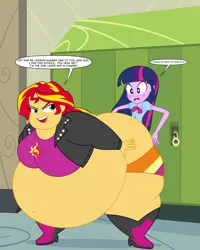 Size: 3594x4500 | Tagged: suggestive, artist:altzegoz, derpibooru import, sunset shimmer, twilight sparkle, human, equestria girls, equestria girls (movie), absurd resolution, ass, bbw, belly, big belly, blushing, bunset shimmer, butt, duo, duo female, fat, female, huge belly, huge butt, image, large butt, locker room, morbidly obese, obese, png, presenting, slobset shimmer, speech bubble, ssbbw
