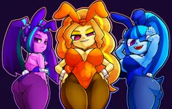 Size: 1833x1157 | Tagged: suggestive, artist:kyouman1010, derpibooru import, adagio dazzle, aria blaze, sonata dusk, human, equestria girls, arse-ia blaze, big breasts, breasts, bunny ears, bunny suit, busty adagio dazzle, busty sonata dusk, clothes, frown, image, jpeg, large butt, looking at you, looking back, looking back at you, one eye closed, playboy bunny adagio dazzle, playboy bunny aria blaze, playboy bunny sonata dusk, smiling, smirk, the dazzlings, trio, wide hips, wink