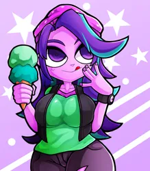 Size: 1350x1543 | Tagged: safe, artist:kyouman1010, derpibooru import, starlight glimmer, human, equestria girls, big breasts, breasts, clothes, food, hat, ice cream, image, jpeg, smiling, solo, wide hips