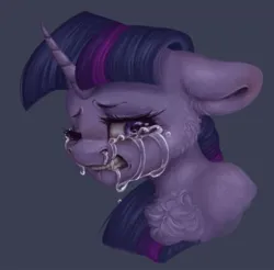 Size: 987x970 | Tagged: safe, artist:melodylibris, derpibooru import, twilight sparkle, twilight sparkle (alicorn), alicorn, pony, bust, cheek fluff, chest fluff, crying, female, floppy ears, gritted teeth, image, jpeg, mare, one eye closed, runny nose, sad, simple background, solo, teeth