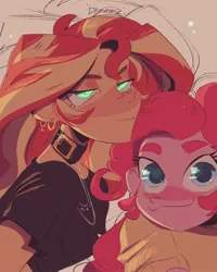 Size: 1440x1800 | Tagged: safe, artist:dreamz, derpibooru import, pinkie pie, sunset shimmer, human, equestria girls, belt buckle, clothes, collar, duo, ear piercing, earring, image, jewelry, jpeg, looking at you, necklace, piercing, shirt, t-shirt
