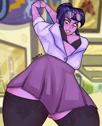 Size: 1300x1600 | Tagged: suggestive, alternate version, artist:twa1kaart, derpibooru import, twilight sparkle, human, equestria girls, clothes, equestria girls 10th anniversary, humanized, image, png, skirt, socks, solo, stockings, thigh highs