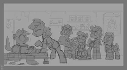 Size: 3600x2000 | Tagged: safe, artist:wandrevieira1994, derpibooru import, oc, oc:calamity, oc:candi, oc:littlepip, oc:railright, unofficial characters only, earth pony, pegasus, pony, unicorn, fallout equestria, bed, hat, image, ministry of peace, monochrome, nurse, pillow, png, sketch