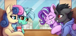 Size: 1415x684 | Tagged: safe, artist:zeepheru_pone, derpibooru import, bon bon, king sombra, lyra heartstrings, starlight glimmer, sweetie drops, earth pony, pony, unicorn, blushing, cheek fluff, chest fluff, clothes, drink, drinking, drinking straw, ear fluff, eyes closed, female, hug, image, looking at someone, male, mare, png, restaurant, smiling, stallion, sweater, table, window