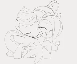 Size: 1028x855 | Tagged: safe, artist:dotkwa, derpibooru import, fluttershy, gentle breeze, pegasus, pony, cute, daaaaaaaaaaaw, duo, eyes closed, father and child, father and daughter, father's day, female, filly, filly fluttershy, foal, gray background, grayscale, hug, image, male, monochrome, png, simple background, sketch, younger