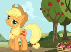 Size: 570x420 | Tagged: safe, derpibooru import, official, applejack, earth pony, pony, apple, apple basket, basket, female, food, hubworld, image, mare, png, solo, stock vector, sweet apple acres