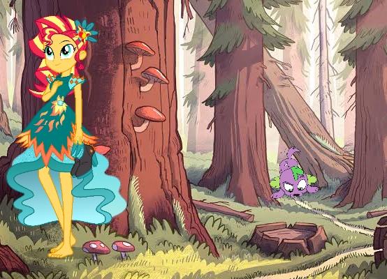 Size: 554x400 | Tagged: safe, derpibooru import, spike, spike the regular dog, sunset shimmer, dog, equestria girls, legend of everfree, barefoot, feet, fetish, foot fetish, forest, forest background, grass, image, jpeg, legend of everfeet, sniffing, tree