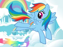 Size: 570x420 | Tagged: safe, derpibooru import, official, rainbow dash, pegasus, pony, cloud, cloudsdale, female, flying, hubworld, image, liquid rainbow, mare, png, rainbow, solo, stock vector, wings