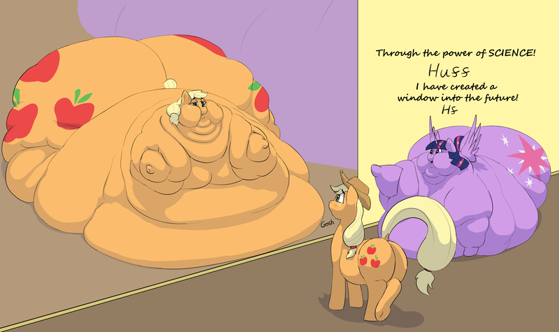 Size: 3293x1955 | Tagged: questionable, artist:lupin quill, derpibooru import, applejack, twilight sparkle, twilight sparkle (alicorn), alicorn, earth pony, pony, applefat, aroused, belly, big belly, bingo wings, blob, blushing, butt, chubby, chubby cheeks, dialogue, dock, fat, fat fetish, feedee, fetish, flabby chest, frog (hoof), huge belly, huge butt, image, immobile, immobile blob, impossibly large belly, impossibly large butt, impossibly obese, large butt, magic mirror, mirror, morbidly obese, multichin, near immobile, neck roll, obese, open mouth, panting, plot, png, rolls of fat, self paradox, self ponidox, stretched cutie mark, tail, twilard sparkle, underhoof, weight gain