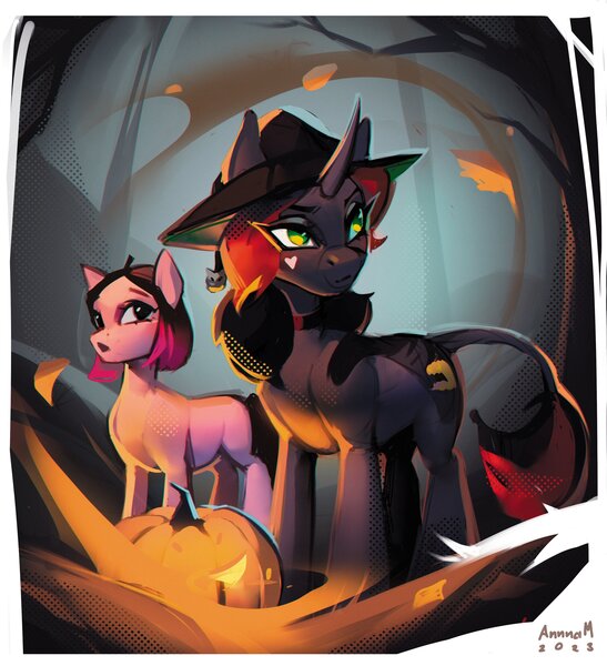 Size: 3391x3721 | Tagged: safe, artist:annna markarova, derpibooru import, oc, unofficial characters only, earth pony, pony, unicorn, autumn leaves, duo, halloween, hat, high res, holiday, image, jack-o-lantern, jpeg, leaf, leaves, leonine tail, pumpkin, signature, tail