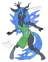 Size: 4035x5200 | Tagged: safe, artist:bageloftime, derpibooru import, queen chrysalis, anthro, unguligrade anthro, breasts, cleavage, clothes, dress, female, hissing, image, jpeg, solo, traditional art