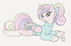 Size: 1400x918 | Tagged: safe, artist:bageloftime, derpibooru import, princess cadance, alicorn, pony, bow, clothes, hair bow, image, jpeg, lying down, ponytail, prone, solo, sploot, sweater, traditional art