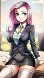 Size: 864x1536 | Tagged: safe, derpibooru import, editor:sammykun, machine learning generated, stable diffusion, fluttershy, human, ai content, breasts, busty fluttershy, clothes, desk, humanized, image, long hair, necktie, png, prompter:sammykun, request, requested art, sexy, shirt, sitting, skirt, skirt pull, smiling, socks, suit, teeth, thigh highs, thighs, tuxedo