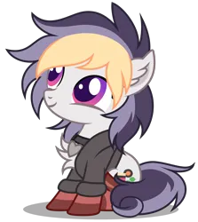 Size: 3232x3627 | Tagged: safe, artist:strategypony, derpibooru import, oc, oc:liquorice sweet, unofficial characters only, earth pony, pony, accessory, chest fluff, clothes, cute, earth pony oc, female, filly, foal, hoodie, image, looking up, png, simple background, socks, three toned mane, transparent background