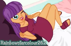 Size: 2460x1592 | Tagged: safe, artist:rainbowstarcolour262, derpibooru import, ginger owlseye, human, equestria girls, breasts, busty ginger owlseye, cleavage, clothes, cute, dress, female, image, lipstick, looking at you, one eye closed, open mouth, open smile, open-toed shoes, owlabetes, png, signature, sitting, smiling, solo, wink, winking at you