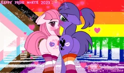 Size: 1206x714 | Tagged: suggestive, artist:lilylocket, artist:tanahgrogot, derpibooru import, oc, oc:annisa trihapsari, oc:violetta cuddles belle, unofficial characters only, earth pony, pony, unicorn, adorasexy, annibutt, base used, butt, butt to butt, butt touch, clothes, cute, duo, duo female, earth pony oc, female, heart, image, kiss my ass, kiss on the lips, kissing, lesbian couple, looking at you, looking back, looking back at you, mare, plot, png, ponytail, pride, pride month, sexy, simple background, smiling, smiling at you, socks, sultry pose