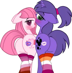Size: 689x696 | Tagged: suggestive, artist:lilylocket, artist:tanahgrogot, derpibooru import, oc, oc:annisa trihapsari, oc:violetta cuddles belle, unofficial characters only, earth pony, pony, unicorn, adorasexy, annibutt, base used, butt, butt to butt, butt touch, clothes, cute, duo, duo female, earth pony oc, female, image, kiss my ass, kiss on the lips, kissing, lesbian couple, looking at you, looking back, looking back at you, mare, plot, png, ponytail, sexy, simple background, smiling, smiling at you, socks, sultry pose, transparent background