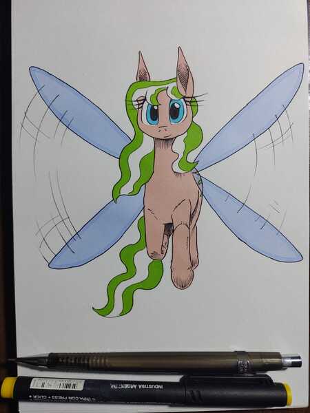 Size: 1200x1600 | Tagged: safe, artist:darkhestur, derpibooru import, oc, oc:dustlight, unofficial characters only, flutter pony, pony, female, flying, image, jpeg, looking at you, mare, marker drawing, simple background, solo, traditional art, transparent wings, white background, wings