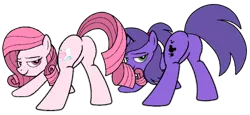 Size: 1024x472 | Tagged: suggestive, artist:noi kincade, derpibooru import, oc, oc:annisa trihapsari, oc:violetta cuddles belle, unofficial characters only, earth pony, pony, unicorn, adorasexy, annibutt, base used, butt, butt shake, cute, duo, duo female, earth pony oc, female, image, lesbian couple, looking at you, looking back, looking back at you, mare, plot, png, ponytail, sexy, simple background, smiling, smiling at you, sultry pose, transparent background