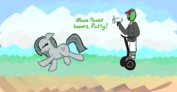 Size: 1364x710 | Tagged: safe, artist:purblehoers, derpibooru import, marble pie, oc, oc:anon, earth pony, pony, chubby, doodle, duo, exercise, female, image, mare, megaphone, png, running, segway, simple background, sweat, text, visor, yelling