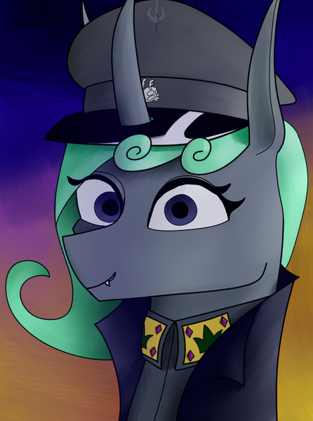 Size: 1248x1680 | Tagged: safe, artist:carolus rex, derpibooru import, changeling queen oc, oc, oc:queen aurantia, changeling, changeling queen, equestria at war mod, changeling oc, clothes, evening, female, green mane, hat, image, png, solo, uniform