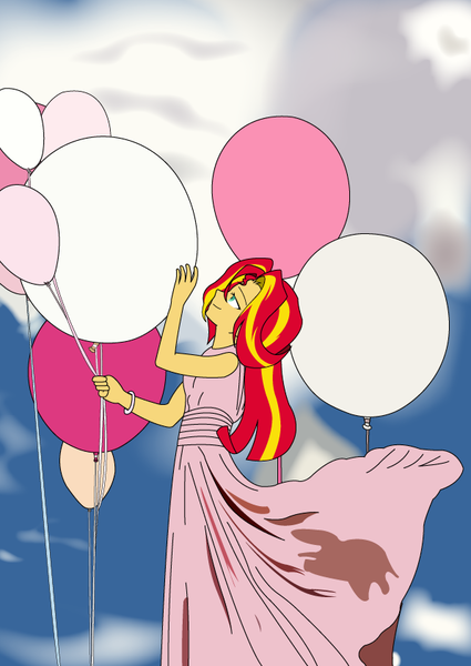 Size: 596x842 | Tagged: safe, artist:hakdurbin, derpibooru import, sunset shimmer, equestria girls, balloon, clothes, dress, image, png, sky background