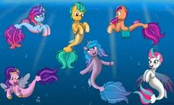 Size: 5030x3030 | Tagged: safe, artist:lynnthenerdkitty, artist:small-brooke1998, derpibooru import, hitch trailblazer, izzy moonbow, pipp petals, sunny starscout, zipp storm, alicorn, earth pony, merpony, pegasus, pony, seapony (g4), unicorn, g5, bubble, crepuscular rays, digital art, dorsal fin, eyes closed, female, fin, fin wings, fins, fish tail, flowing mane, flowing tail, glow, glowing horn, green eyes, happy, horn, image, male, mane five (g5), mare, mermay, misty brightdawn, new design, ocean, open mouth, open smile, pink eyes, png, seaponified, seapony hitch trailblazer, seapony izzy moonbow, seapony misty brightdawn, seapony pipp petals, seapony sunny starscout, seapony zipp storm, smiling, species swap, stallion, sunlight, swimming, tail, underwater, water, wings