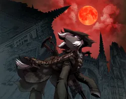 Size: 3508x2784 | Tagged: safe, derpibooru import, oc, oc:kenn, unofficial characters only, earth pony, bloodborne, gun, image, jpeg, moon, red sky, solo, weapon