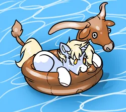 Size: 3141x2802 | Tagged: safe, artist:opalacorn, derpibooru import, oc, oc:nootaz, unofficial characters only, pegasus, pony, unicorn, commission, female, floaty, image, inner tube, jpeg, lying down, mare, open mouth, open smile, pool toy, prone, smiling, solo, sunglasses, water, ych result