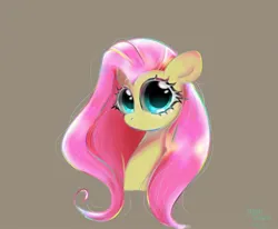 Size: 2048x1690 | Tagged: safe, artist:petaltwinkle, derpibooru import, fluttershy, pegasus, pony, big eyes, blushing, brown background, bust, ear blush, female, frown, image, jpeg, looking at you, mare, signature, simple background, solo, staring into your soul