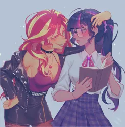 Size: 1959x2000 | Tagged: safe, artist:exxi00, derpibooru import, sci-twi, sunset shimmer, twilight sparkle, human, equestria girls, book, breasts, button-up shirt, cleavage, clothes, dark skin, dress shirt, eye contact, female, image, jpeg, lesbian, looking at each other, looking at someone, pantyhose, scitwishimmer, shipping, shirt, skirt, sunsetsparkle, tanktop, white shirt