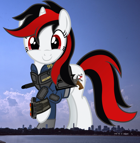 Size: 2008x2047 | Tagged: safe, artist:vector-brony, derpibooru import, edit, editor:jaredking779, oc, oc:blackjack, unofficial characters only, pony, unicorn, fallout equestria, fallout equestria: project horizons, fanfic, boston, clothes, fanfic art, female, giant pony, giantess, high res, highrise ponies, image, irl, jpeg, jumpsuit, macro, mare, massachusetts, photo, pipbuck, ponies in real life, raised hoof, solo, story included, vault security armor, vault suit, vigilance (gun)