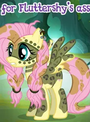Size: 533x725 | Tagged: suggestive, derpibooru import, fluttershy, pegasus, pony, alternate timeline, ass, bodypaint, butt, chrysalis resistance timeline, cropped, ear piercing, earring, english, face paint, female, gameloft, image, jewelry, mare, meme, my little pony: magic princess, piercing, png, solo, spread wings, text, tribalshy, wings, wow! glimmer