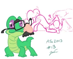 Size: 500x400 | Tagged: safe, artist:neriad, derpibooru import, gummy, pinkie pie, alligator, earth pony, pony, atg 2013, disguise, duo, groucho mask, image, jpeg, newbie artist training grounds, partial color, question mark, searching