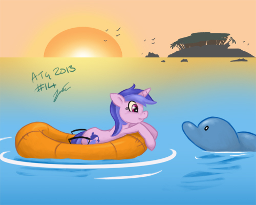 Size: 500x400 | Tagged: safe, artist:neriad, derpibooru import, sea swirl, seafoam, dolphin, pony, unicorn, atg 2013, duo, image, inflatable raft, island, jpeg, looking at each other, looking at someone, newbie artist training grounds, sunset, water