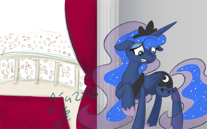 Size: 720x450 | Tagged: safe, artist:neriad, derpibooru import, princess luna, alicorn, pony, atg 2013, balcony, crowd, floppy ears, image, jpeg, nervous, newbie artist training grounds, raised hoof, solo focus