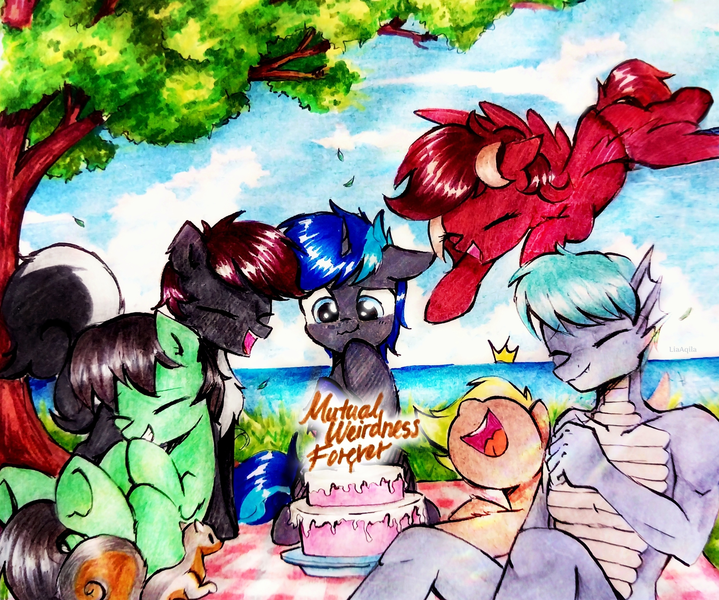 Size: 3152x2630 | Tagged: safe, artist:liaaqila, derpibooru import, oc, oc:jimpy, oc:lum, oc:nightward, oc:red treasure, oc:teddy, oc:tenerious, unofficial characters only, anthro, earth pony, pegasus, pony, unicorn, cake, celebration, food, image, png