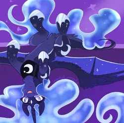 Size: 958x955 | Tagged: safe, artist:jezebel_remedy, derpibooru import, princess luna, alicorn, pony, cute, female, hybrid wings, image, jpeg, looking at you, lunabetes, lying down, mare, on back, silly, smiling, smiling at you, solo, spread wings, starry wings, tongue out, upside down, white pupils, wings