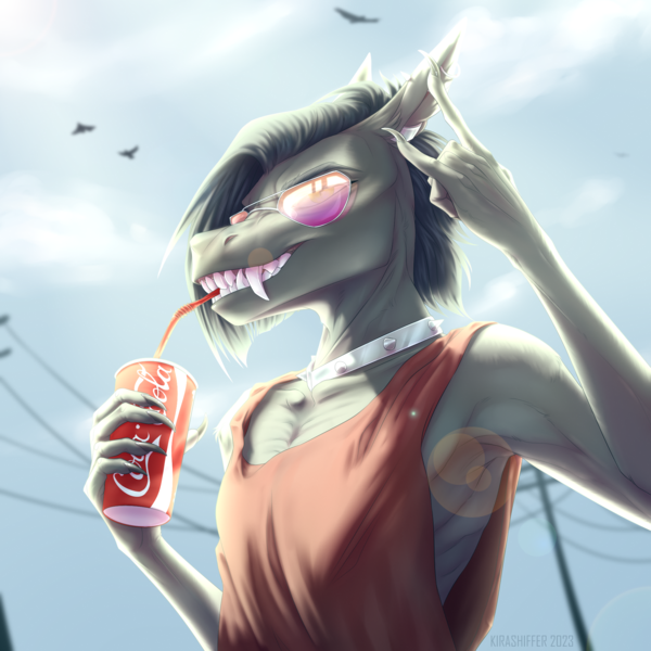 Size: 2000x2000 | Tagged: safe, artist:dementra369, derpibooru import, oc, oc:ruby drop, unofficial characters only, anthro, accessory, barely pony related, claws, coca-cola, fangs, image, piercing, png, solo, sunglasses
